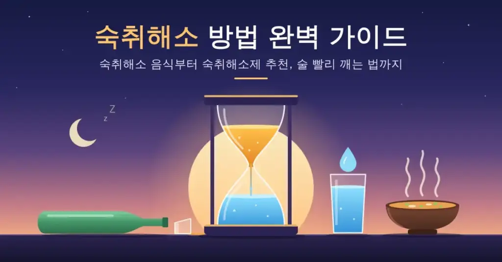 새벽빛을 배경으로 위쪽의 호박색 술이 시간이 지나며 맑은 물로 바뀌는 모래시계와 쓰러진 술병, 물 한 잔, 김이 나는 해장국이 놓인 숙취해소 방법 완벽 가이드 일러스트