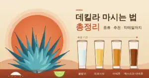 석양을 배경으로 선 블루 아가베 옆에 블랑코부터 엑스트라 아녜호까지 숙성 기간에 따라 점점 짙어지는 데킬라 잔 네 개와 라임, 소금이 놓인 데킬라 마시는 법 총정리 일러스트